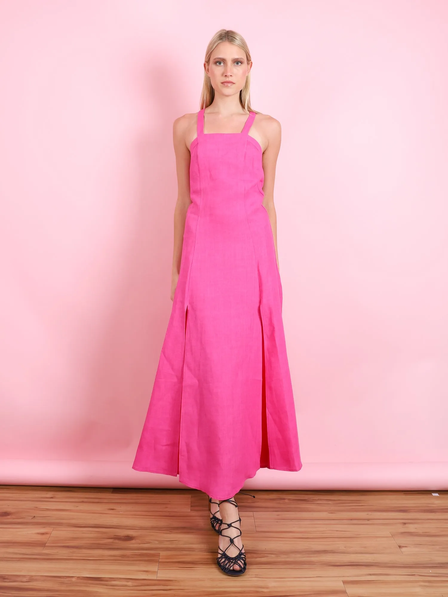 CHIC LINEN CANVAS STRAPS DRESS