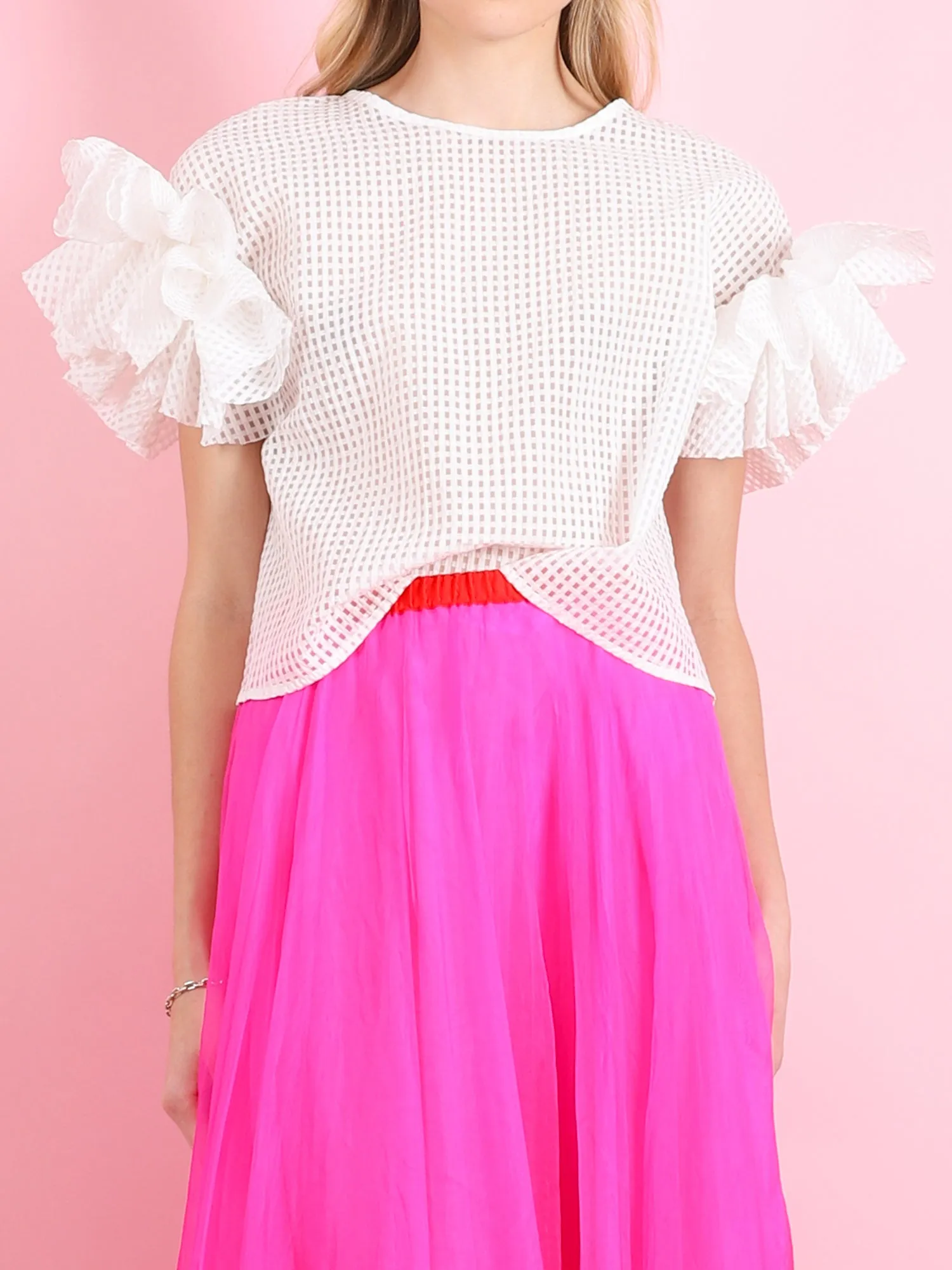 COTTON BLEND GRID RUFFLE SLEEVE TOP