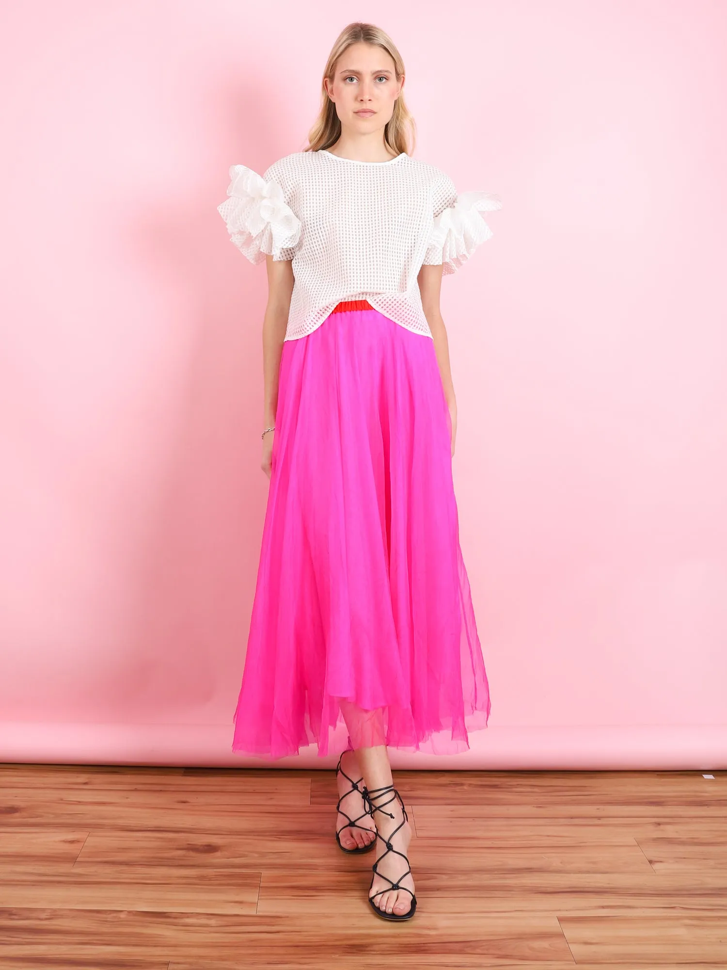 COTTON BLEND GRID RUFFLE SLEEVE TOP