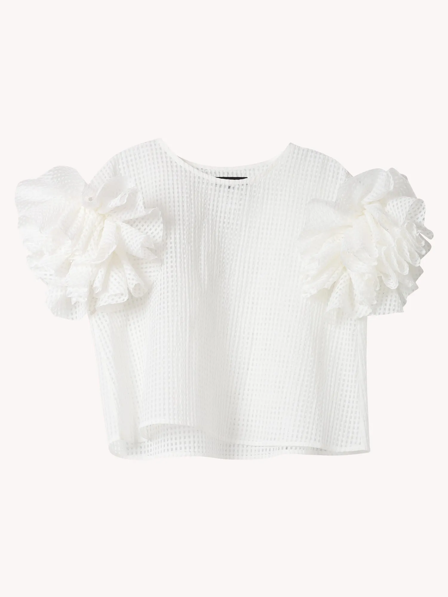 COTTON BLEND GRID RUFFLE SLEEVE TOP