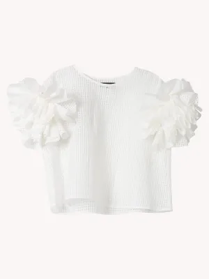 COTTON BLEND GRID RUFFLE SLEEVE TOP