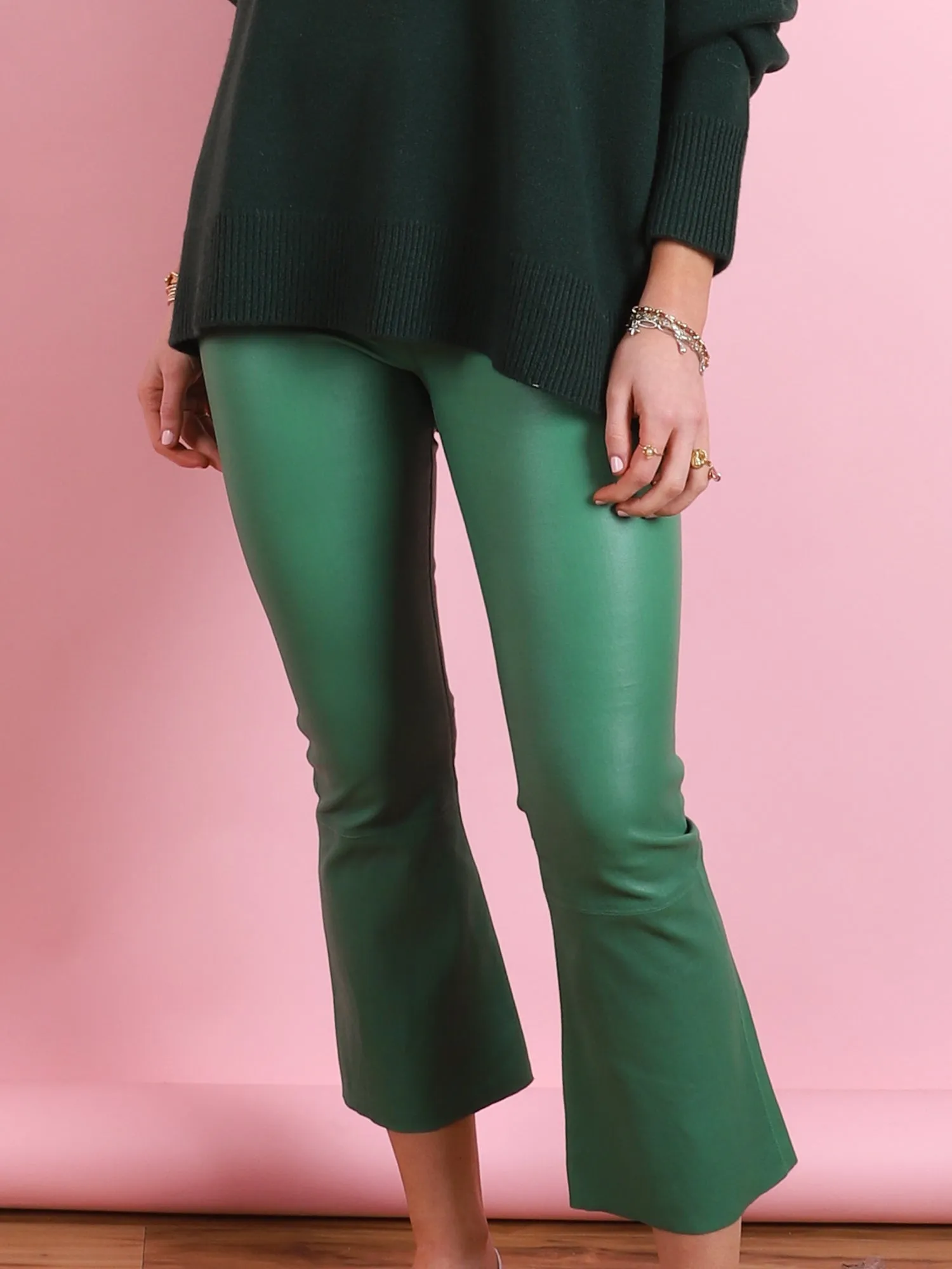 Crop Flare Leather Legging in Evergreen
