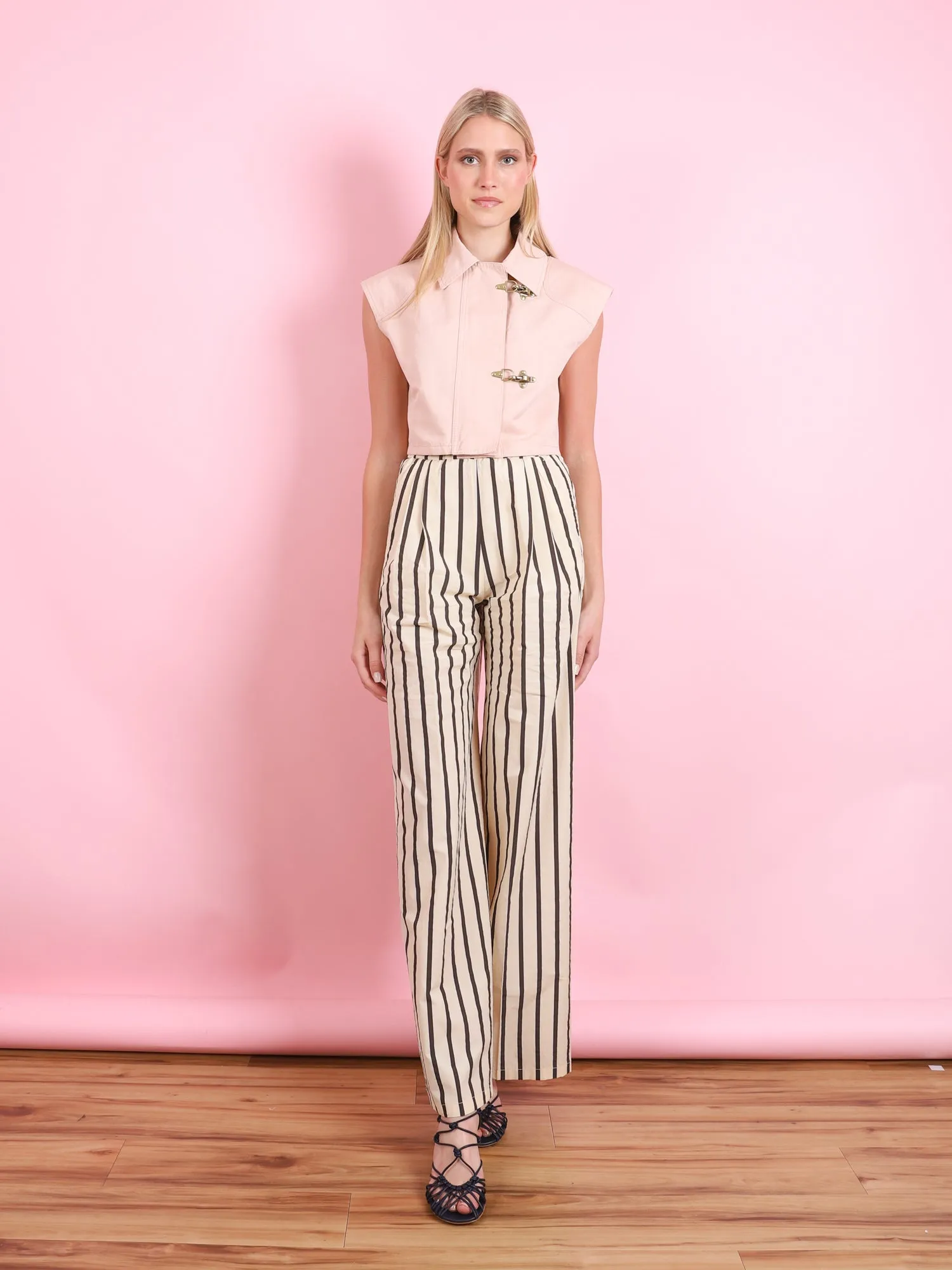 EMBROIDERED PINSTRIPE COTTON WIDE LEG PANTS