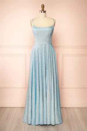 Fadia Light Blue | Sparkly Maxi Dress w/ Slit and Pockets
