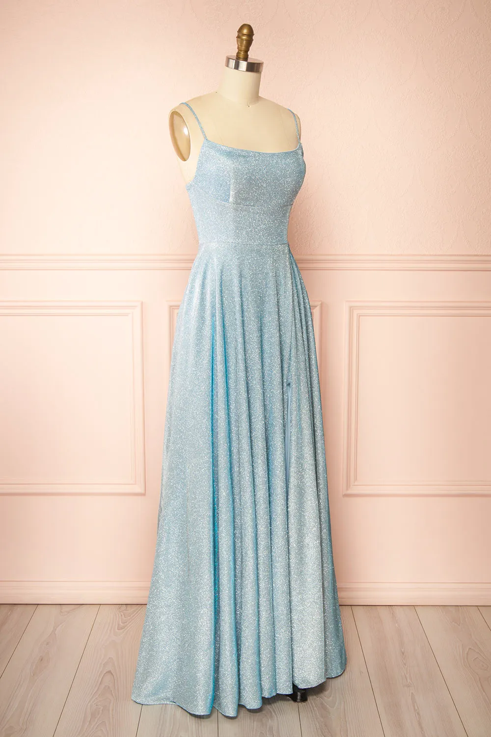 Fadia Light Blue | Sparkly Maxi Dress w/ Slit and Pockets