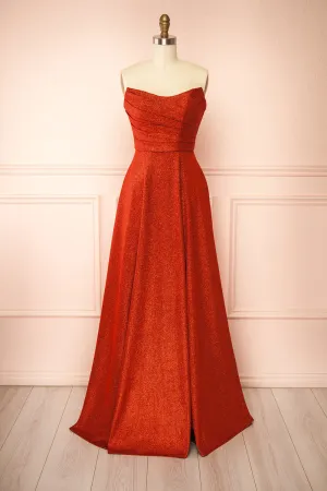 Fitzi Red | Sparkly Strapless Maxi Dress w/ Slit