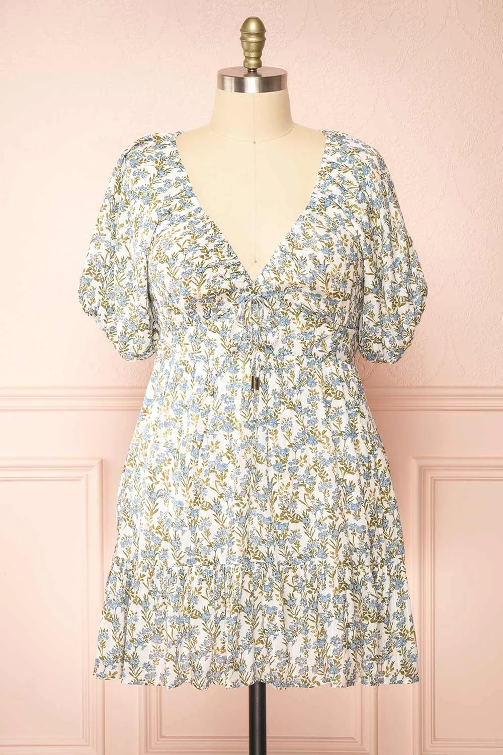 Heina | Short Blue Floral Dress w/ Puffy Sleeves