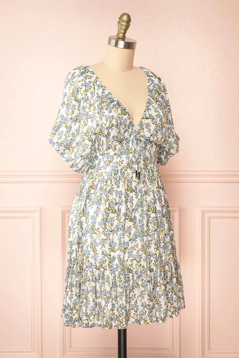Heina | Short Blue Floral Dress w/ Puffy Sleeves