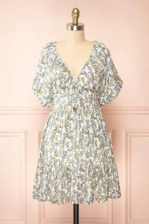 Heina | Short Blue Floral Dress w/ Puffy Sleeves
