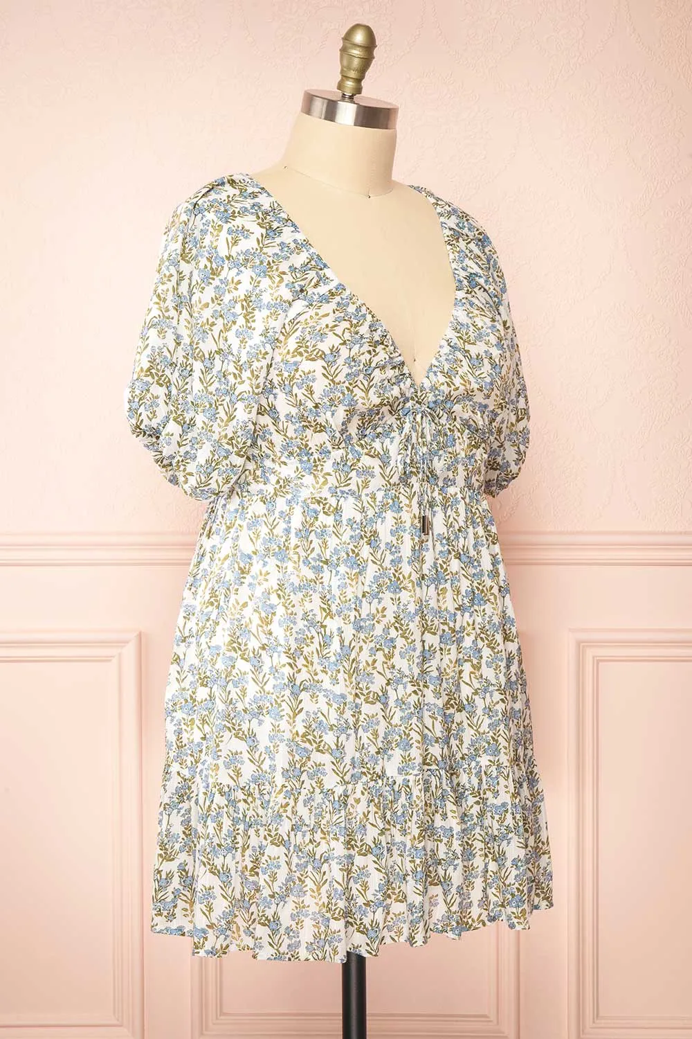 Heina | Short Blue Floral Dress w/ Puffy Sleeves