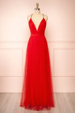 Ilaria Red | Tulle Gown w/ Plunging Neckline
