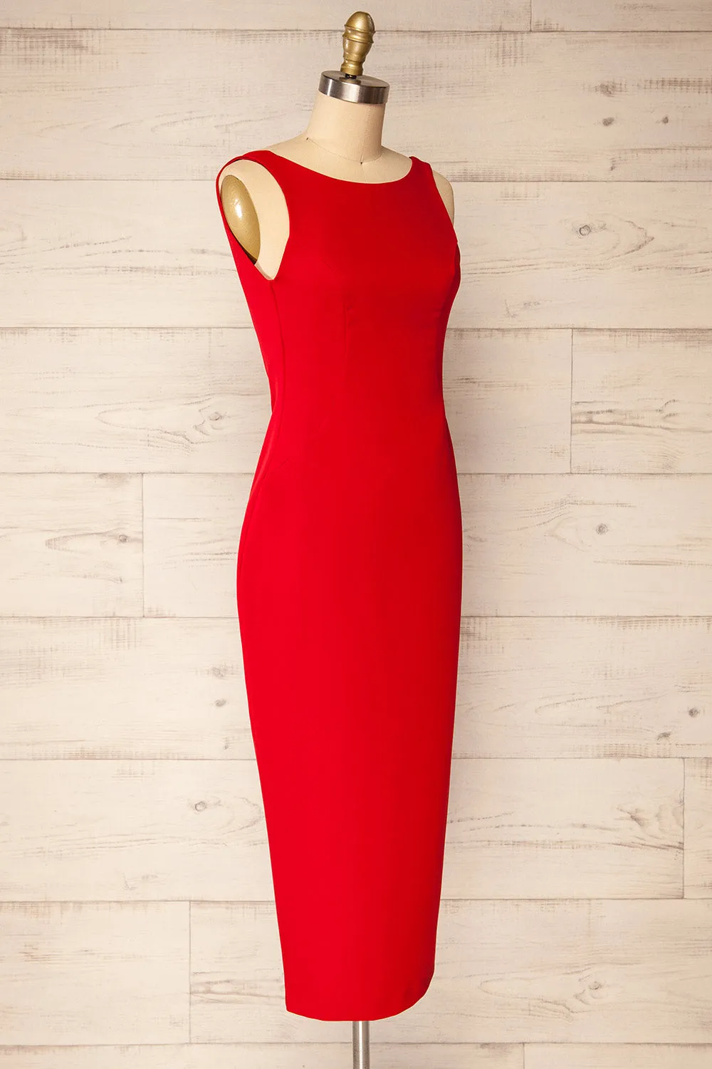 Kovna Red | Fitted Midi Dress w/ Open Back