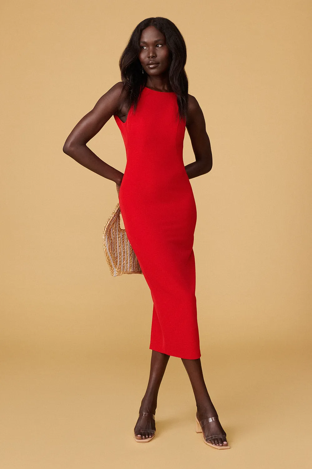 Kovna Red | Fitted Midi Dress w/ Open Back