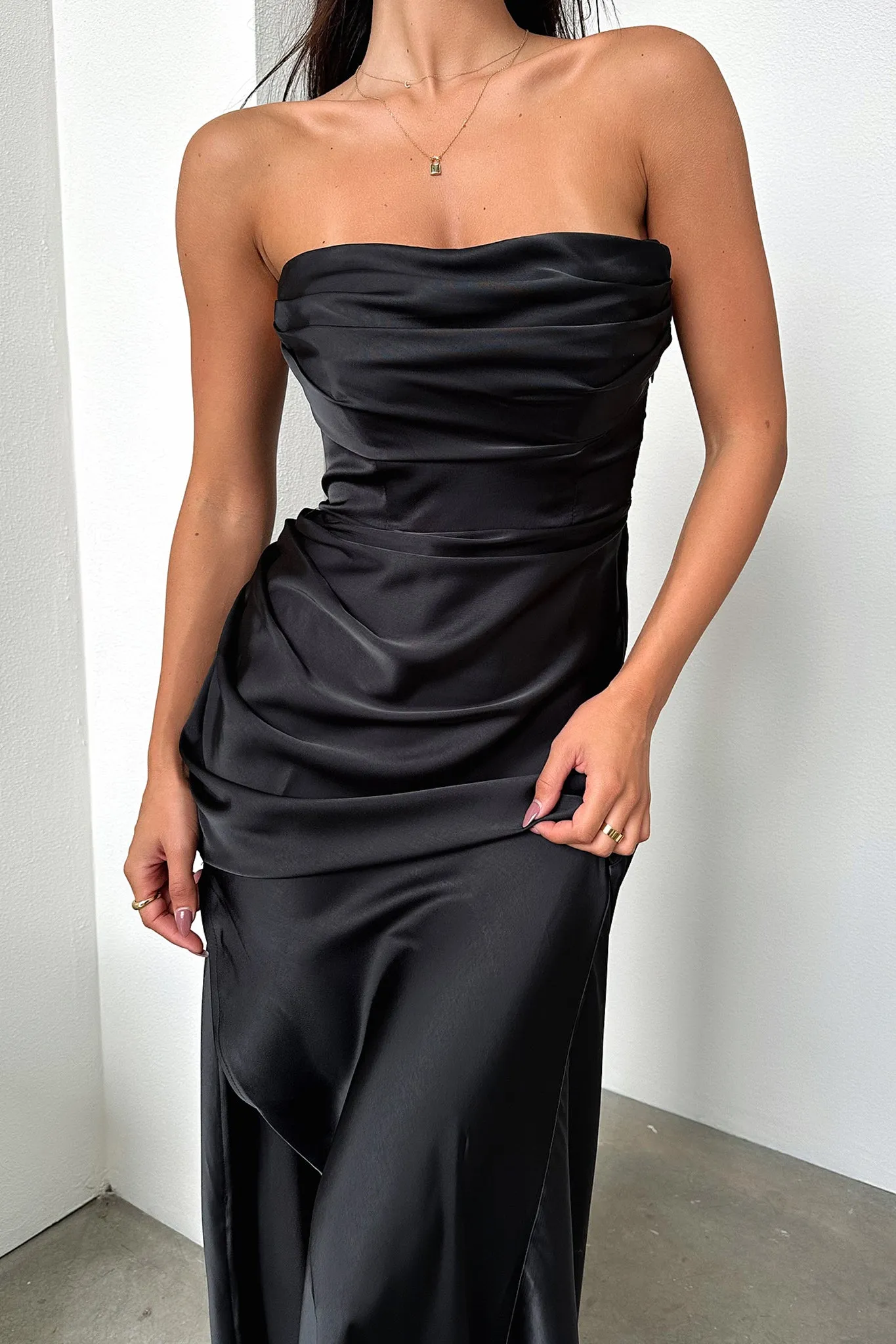 Lola Strapless Satin Maxi Dress - Black