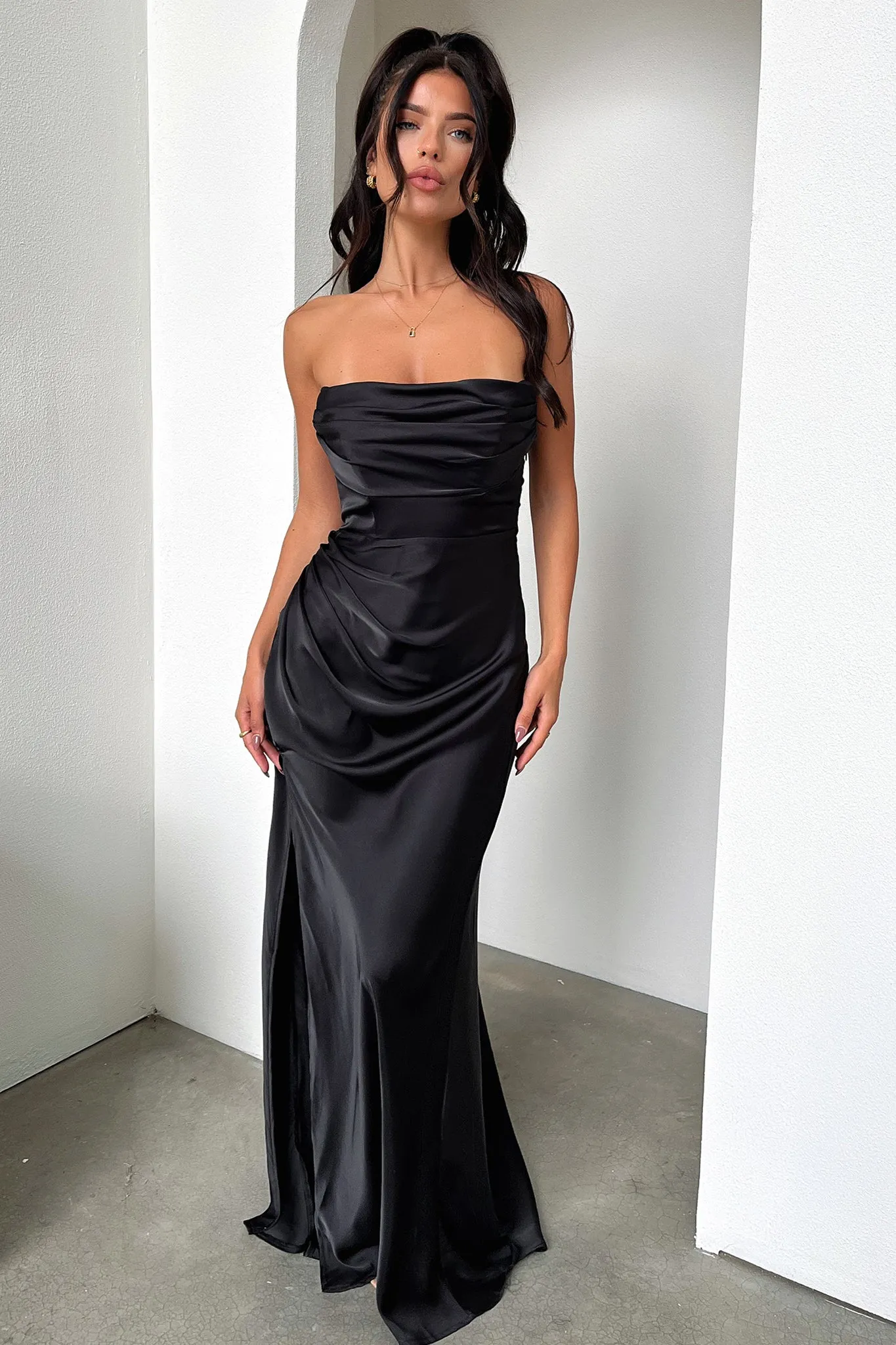 Lola Strapless Satin Maxi Dress - Black
