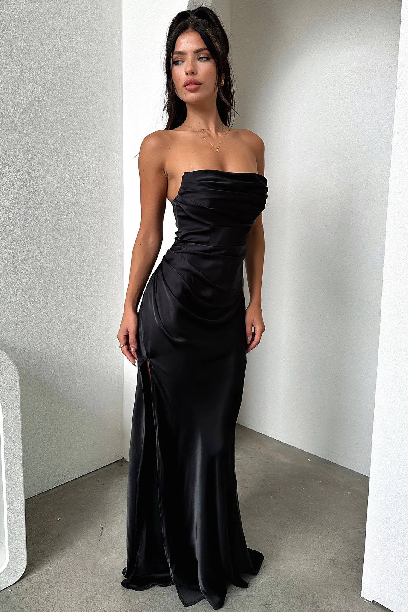 Lola Strapless Satin Maxi Dress - Black