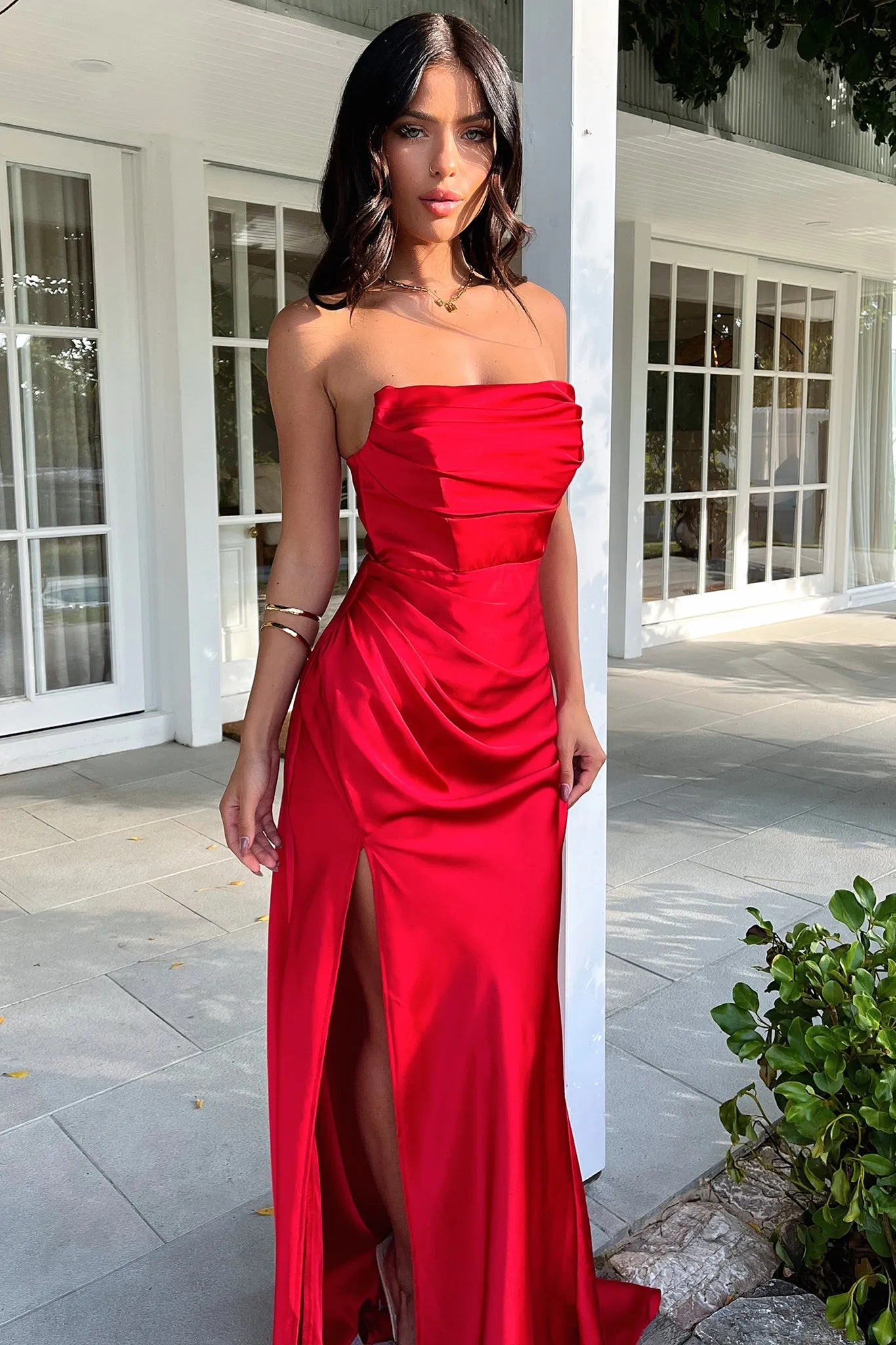 Lola Strapless Satin Maxi Dress - Red