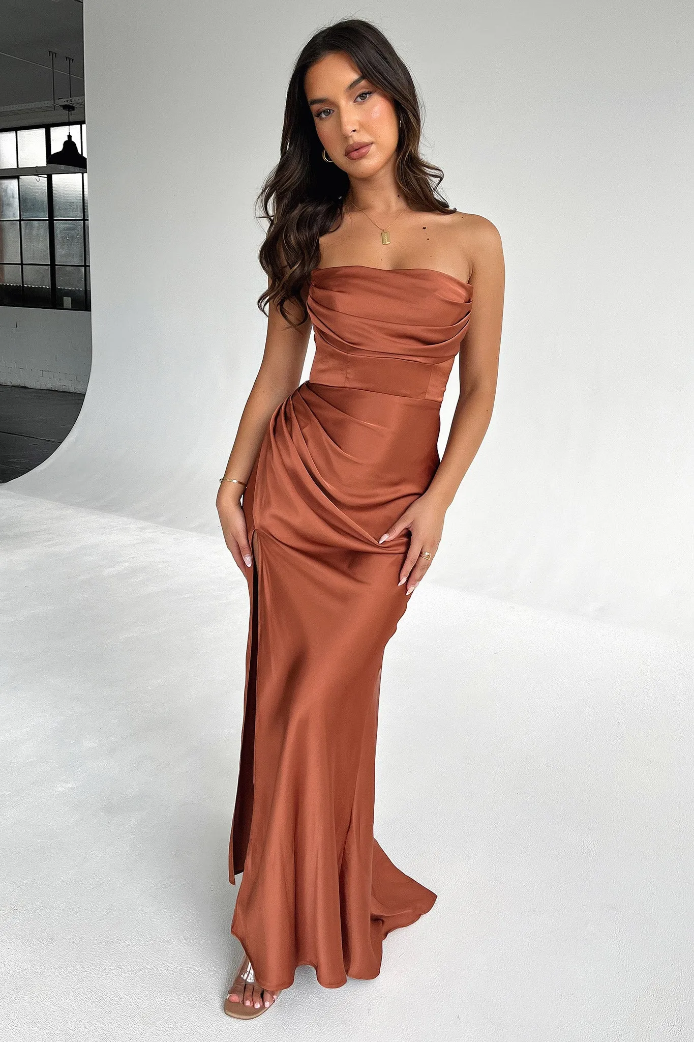 Lola Strapless Satin Maxi Dress - Rust