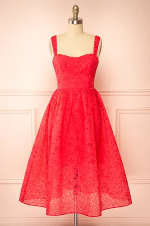 Maeva | Red Midi Dress w/ Floral Embroidery