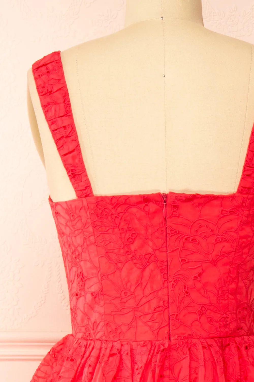 Maeva | Red Midi Dress w/ Floral Embroidery
