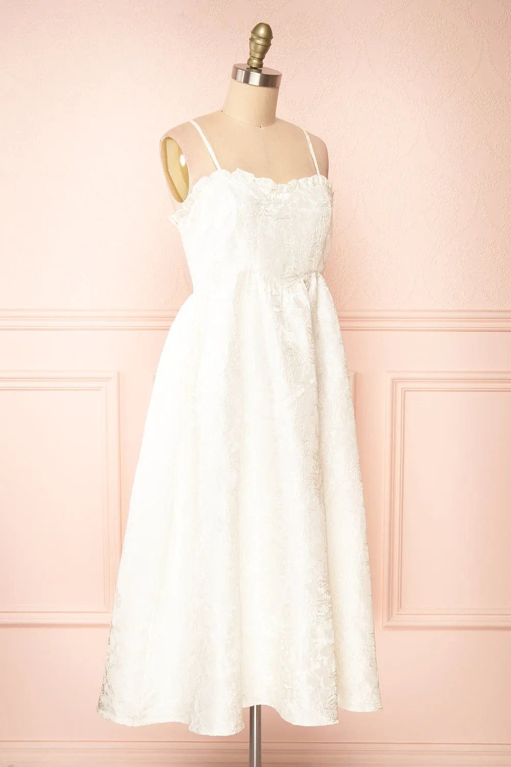 Nezuko | White A-Line Embroidered Bridal Midi Dress