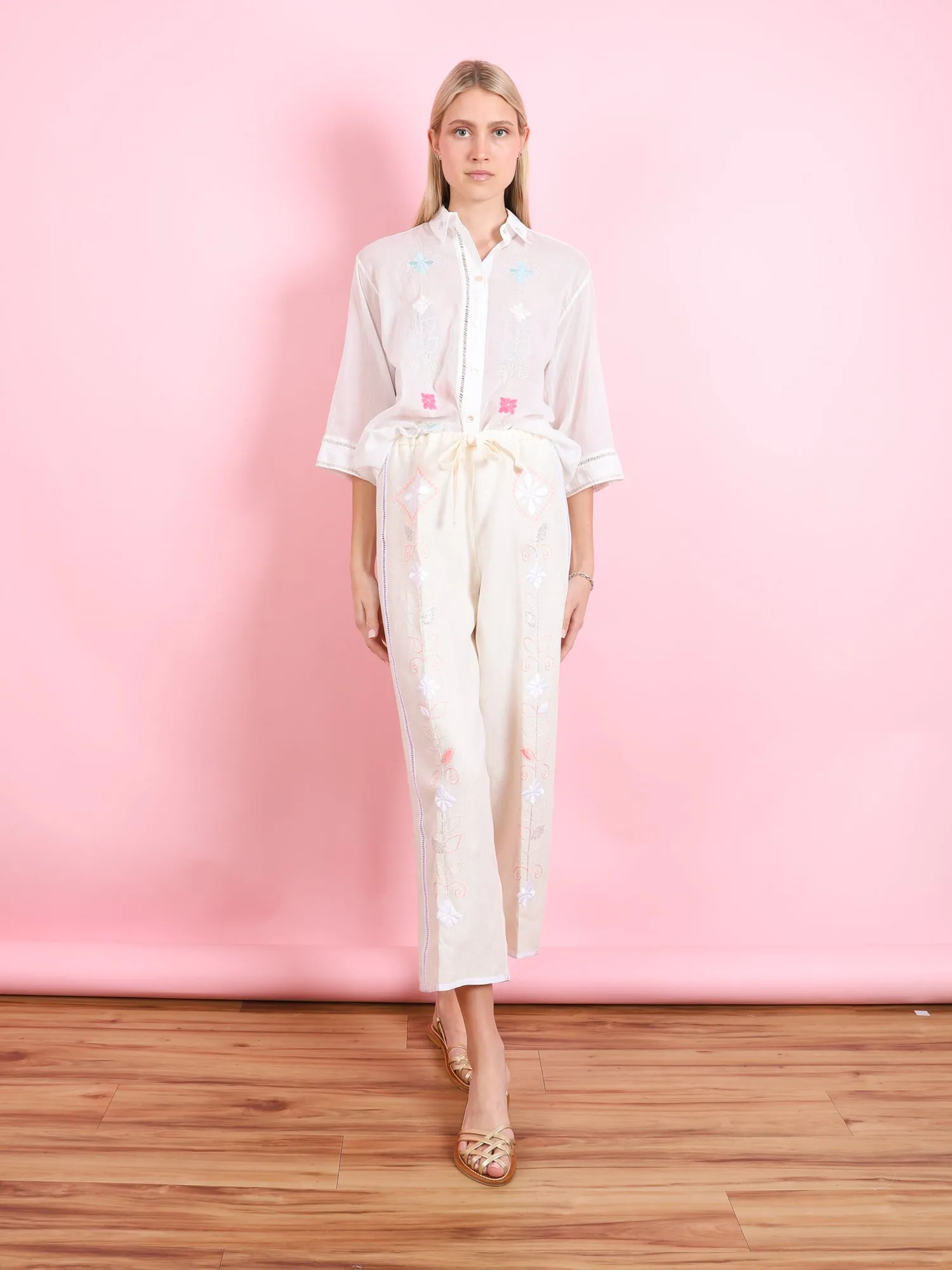 ONIRIC BLOSSOM EMBROIDERED LINEN DRAWSTRING PANTS