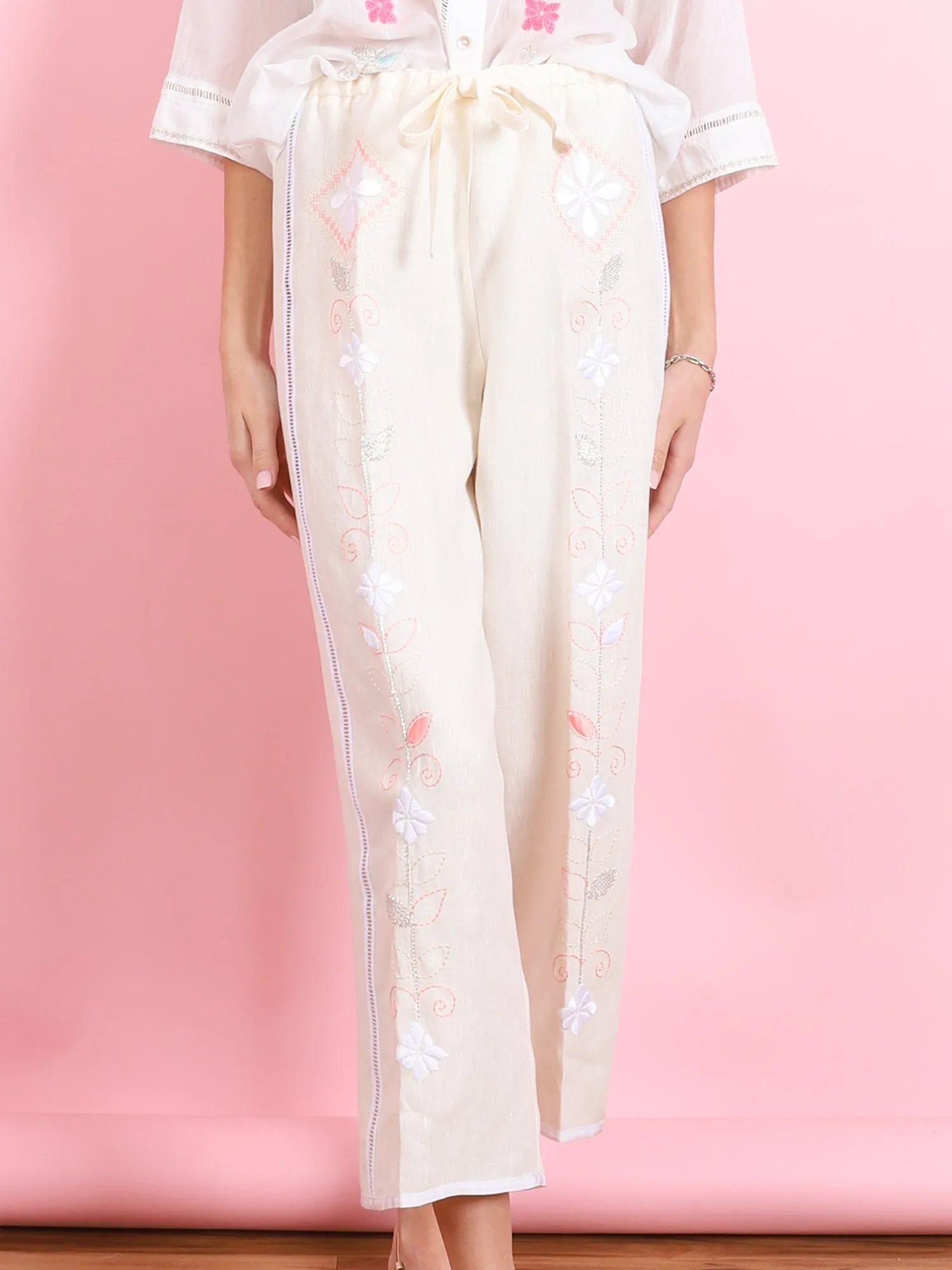 ONIRIC BLOSSOM EMBROIDERED LINEN DRAWSTRING PANTS