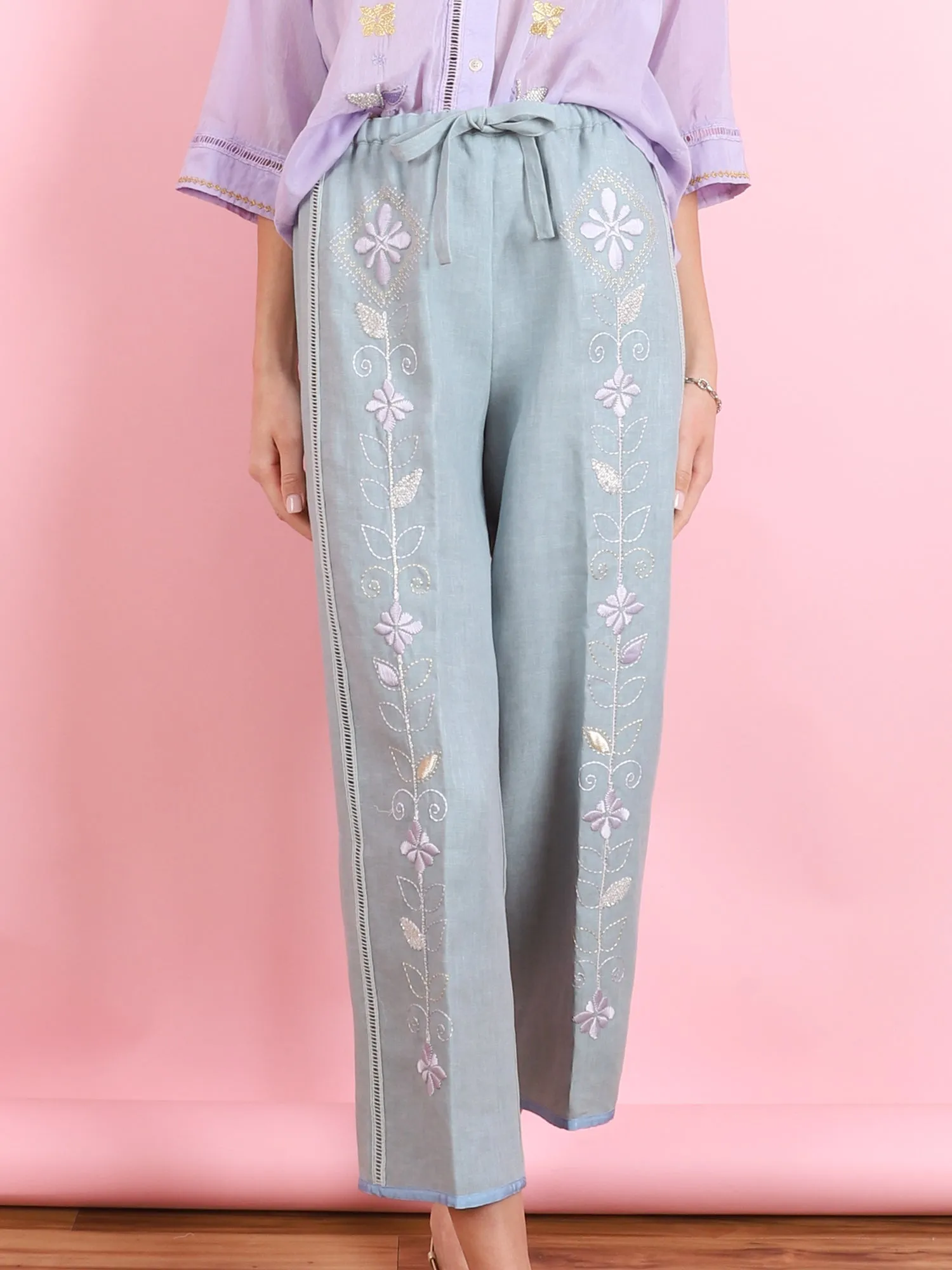 ONIRIC BLOSSOM EMBROIDERED LINEN DRAWSTRING PANTS
