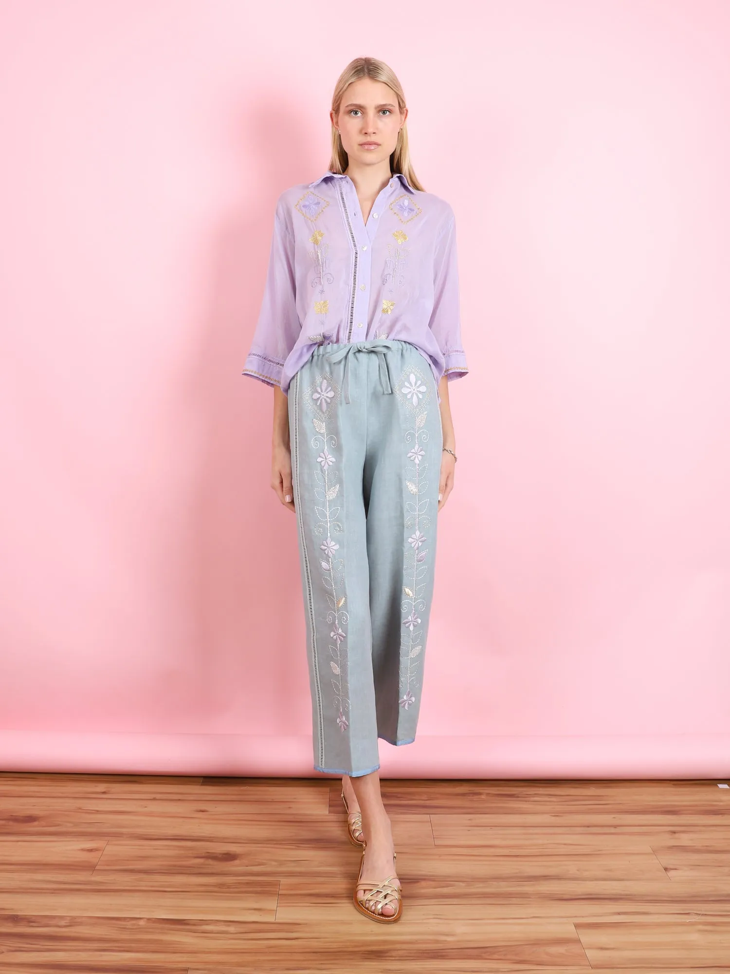 ONIRIC BLOSSOM EMBROIDERED LINEN DRAWSTRING PANTS
