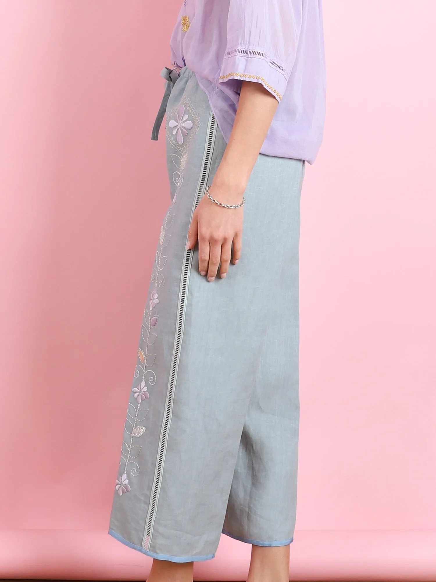 ONIRIC BLOSSOM EMBROIDERED LINEN DRAWSTRING PANTS
