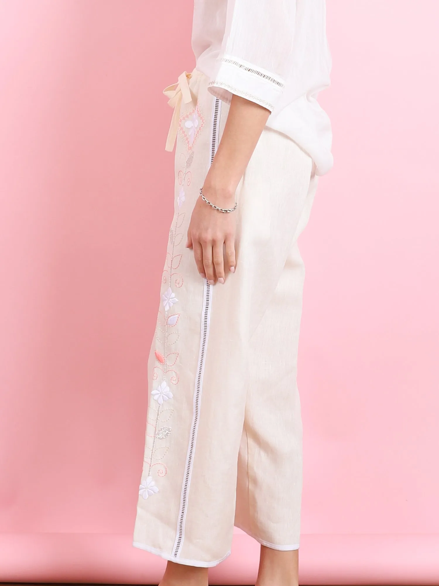 ONIRIC BLOSSOM EMBROIDERED LINEN DRAWSTRING PANTS