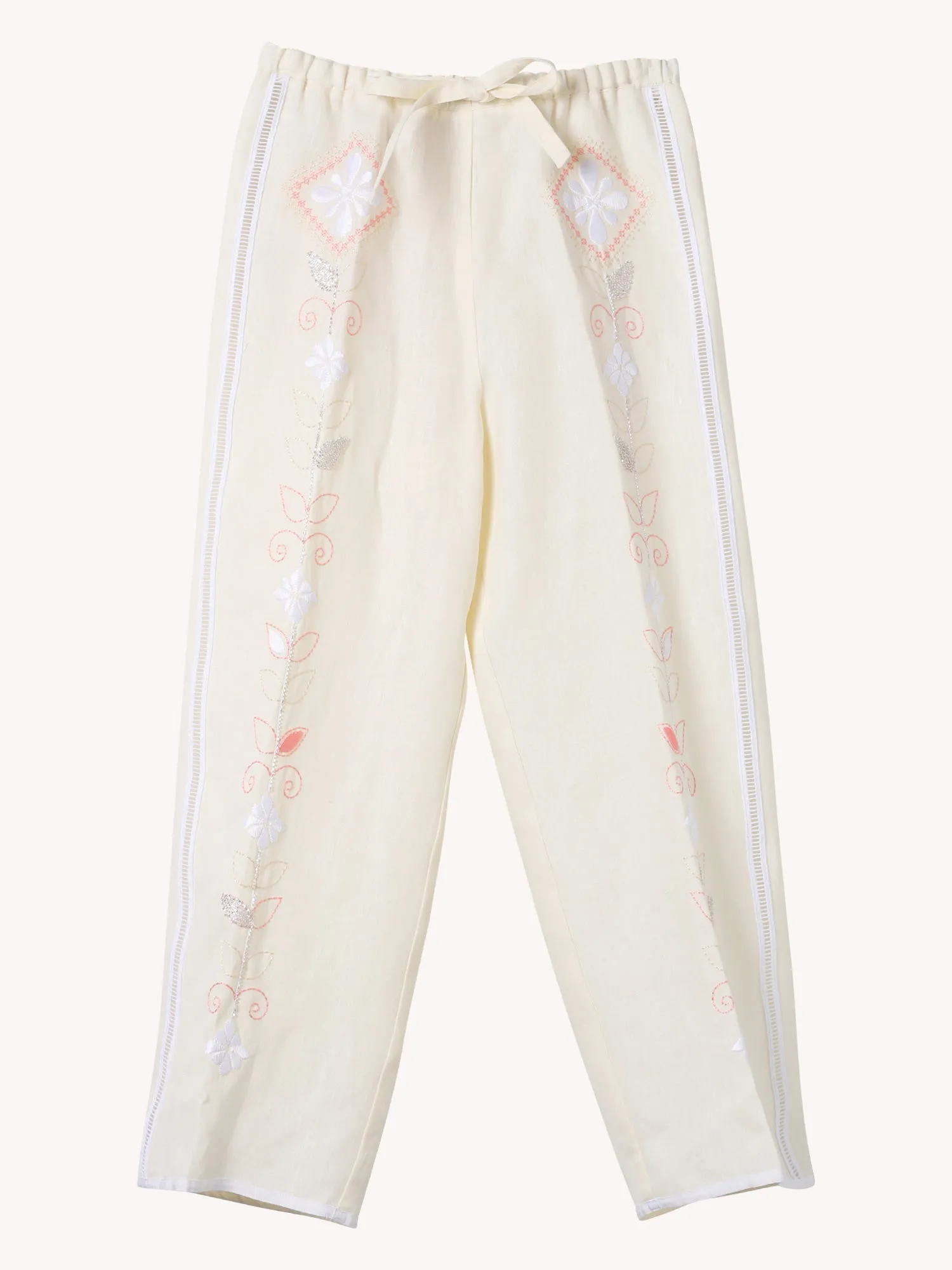 ONIRIC BLOSSOM EMBROIDERED LINEN DRAWSTRING PANTS