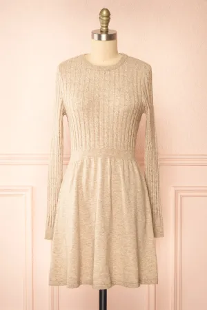 Pertina | Short Beige Knit Dress w/ Long Sleeves
