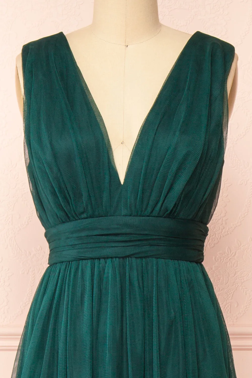 Samina Green | Tulle Maxi Dress w/ Plunging Neckline