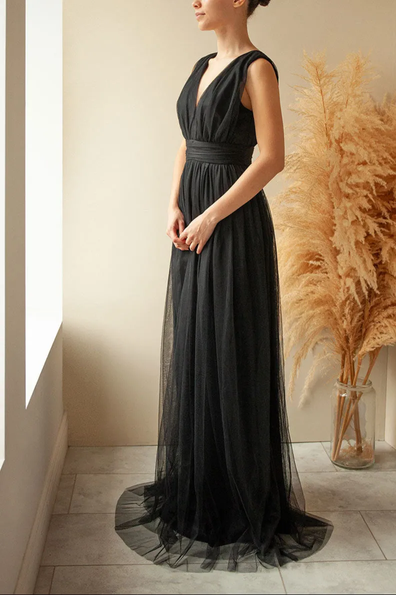 Samina Green | Tulle Maxi Dress w/ Plunging Neckline