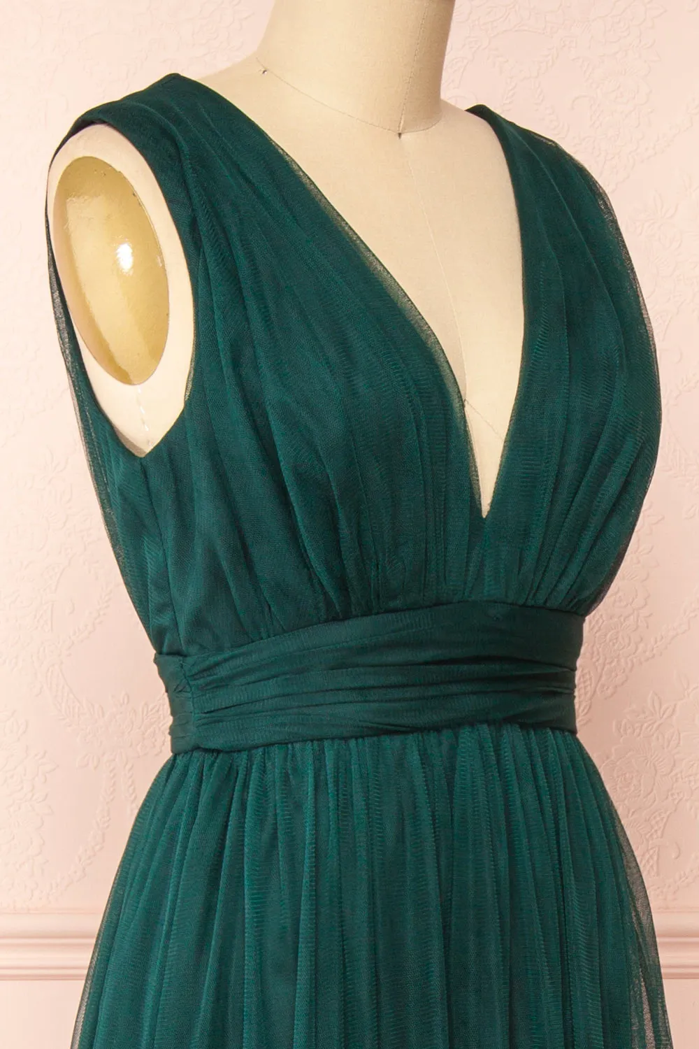 Samina Green | Tulle Maxi Dress w/ Plunging Neckline