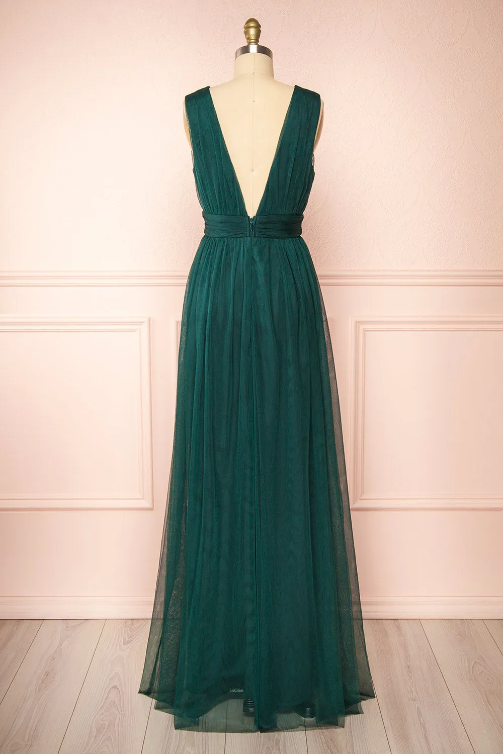 Samina Green | Tulle Maxi Dress w/ Plunging Neckline