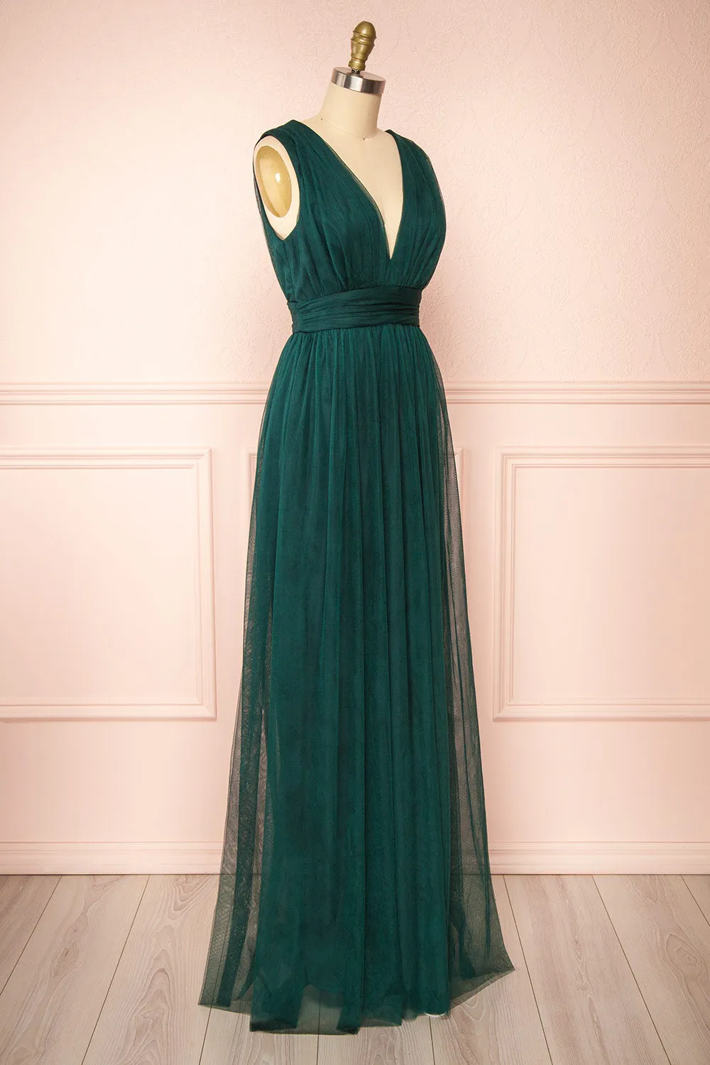 Samina Green | Tulle Maxi Dress w/ Plunging Neckline